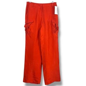 Liberte By Emanuel Silk Cargo Wide Leg Pants Orange High Rise Tab Hem 10